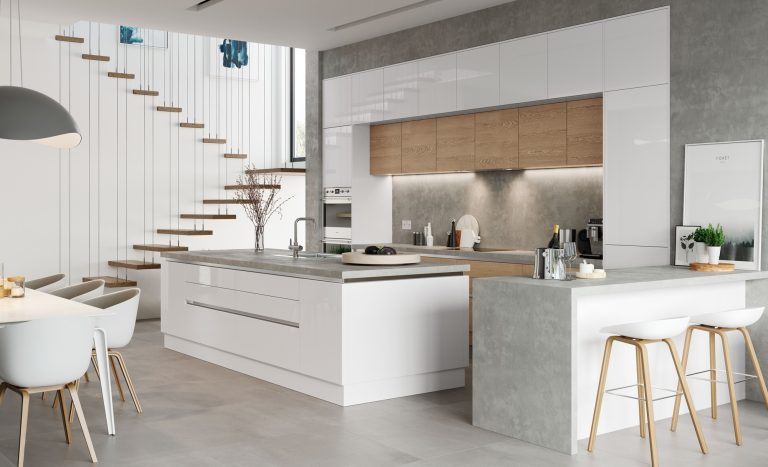 glossy white kitchen with concrete and wood accents