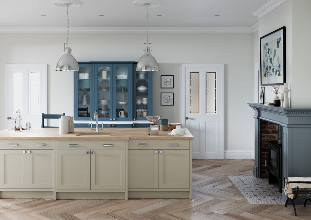 Alana Kitchen door in Airforce Blue and Stone is showcased in this kitchen design, showing the doors in a kitchen design created by The Kitchen Depot