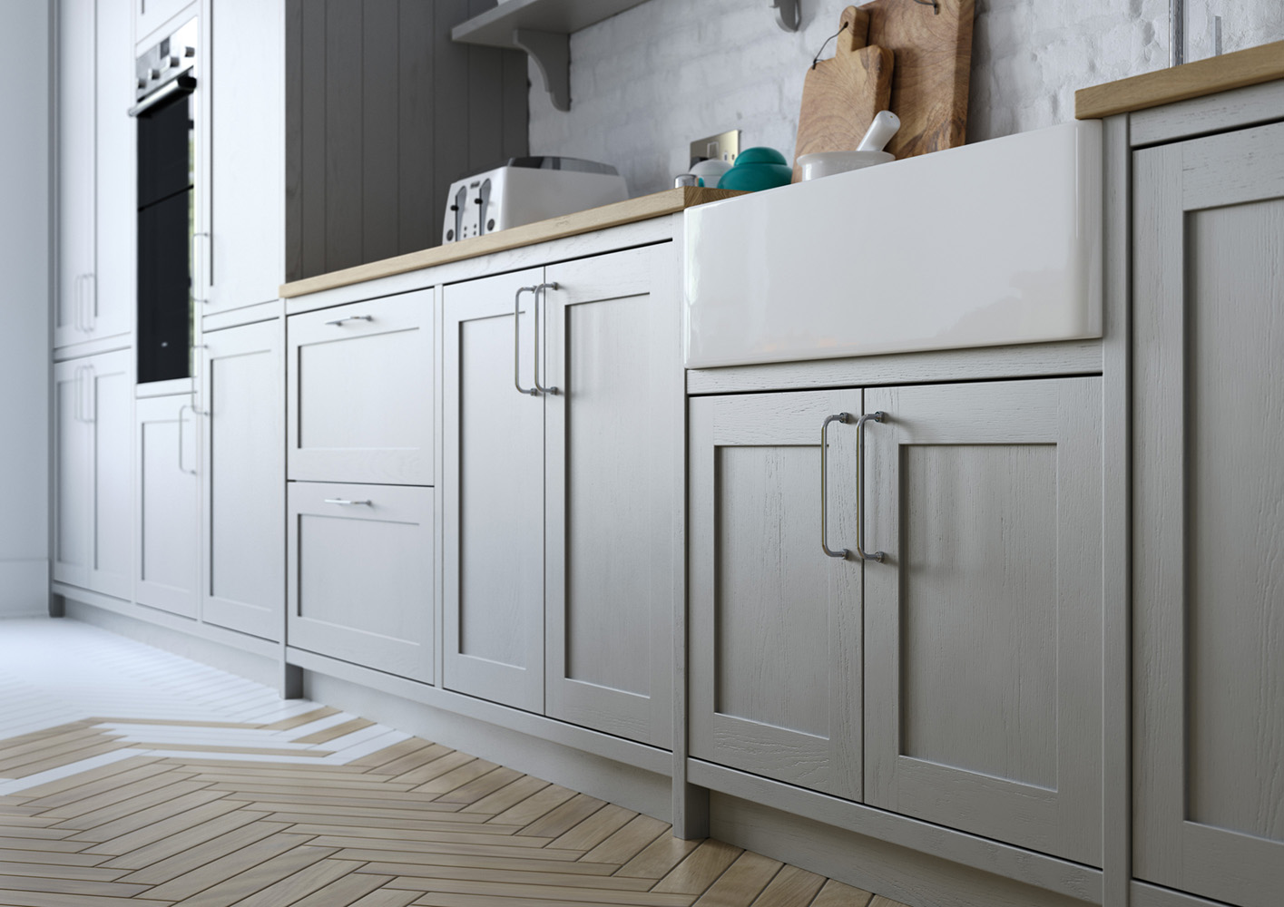 Alana Dust Grey shaker kitchen by The Kitchen Depot cabinets and belfast sink
