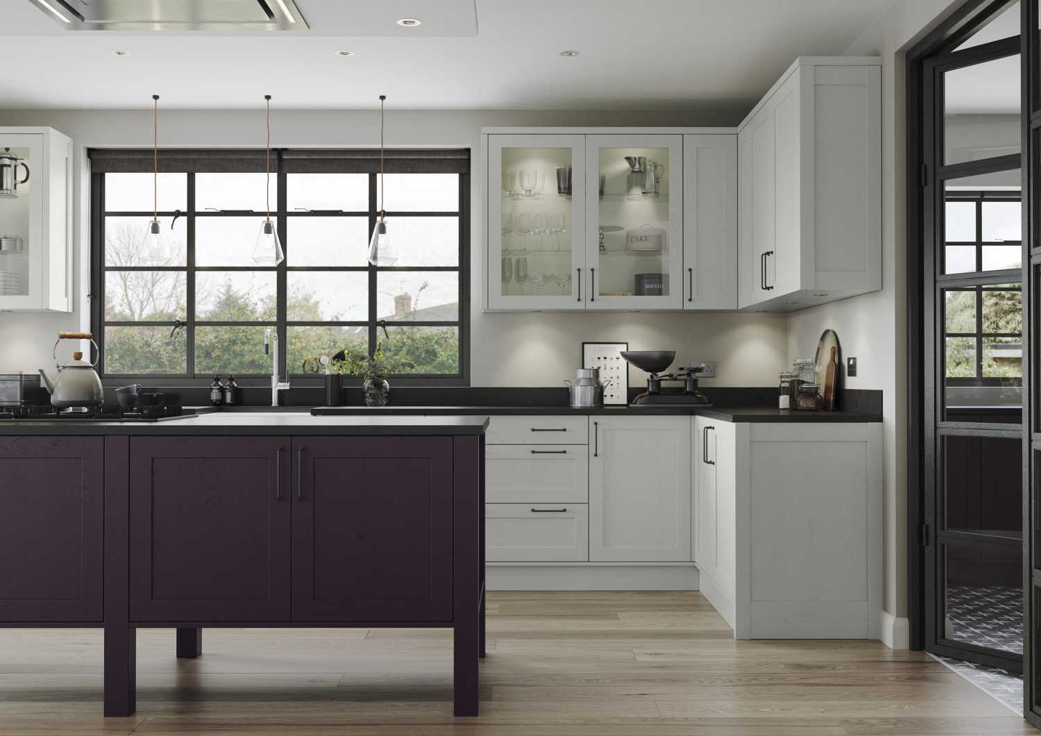 Alana Deep Heather and Light Grey shaker kitchen design by The Kitchen Depot front view of island and cabinet run along the window