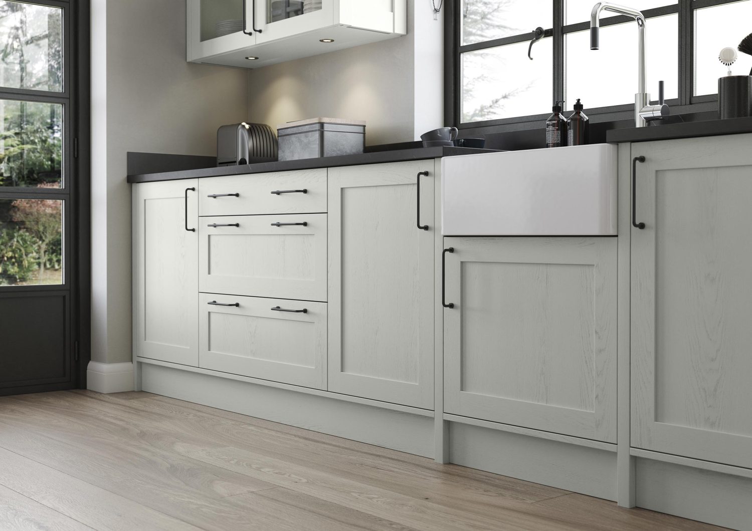 Alana Deep Heather and Light Grey shaker kitchen design by The Kitchen Depot, run of light grey cabinets and drawers under belfast sink