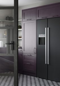 Alana Deep Heather and Light Grey shaker kitchen design by The Kitchen Depot close up of tall larder beside modern dark fridge freezer