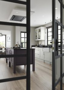 Alana Deep Heather and Light Grey shaker kitchen design by The Kitchen Depot looked into from glass doors