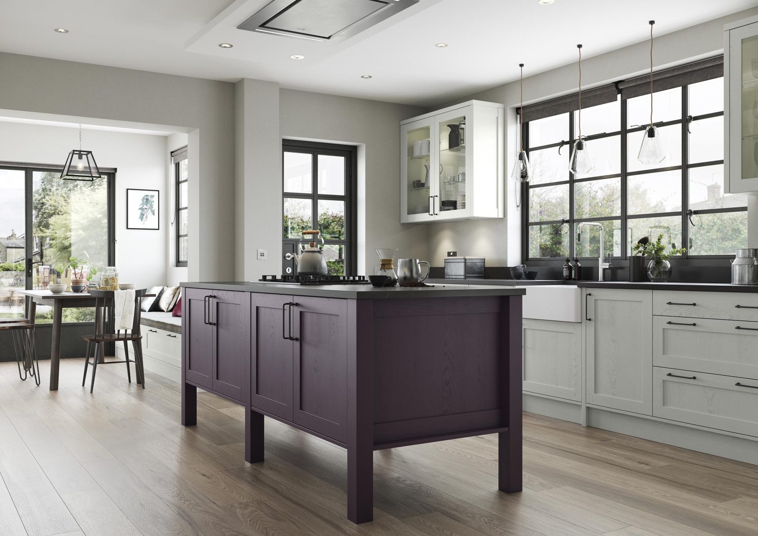 Alana Deep Heather and Light Grey shaker kitchen design by The Kitchen Depot in open plan room with island