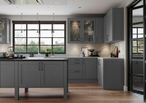 Alana Dust Grey shaker kitchen by The Kitchen Depot front view with kitchen island