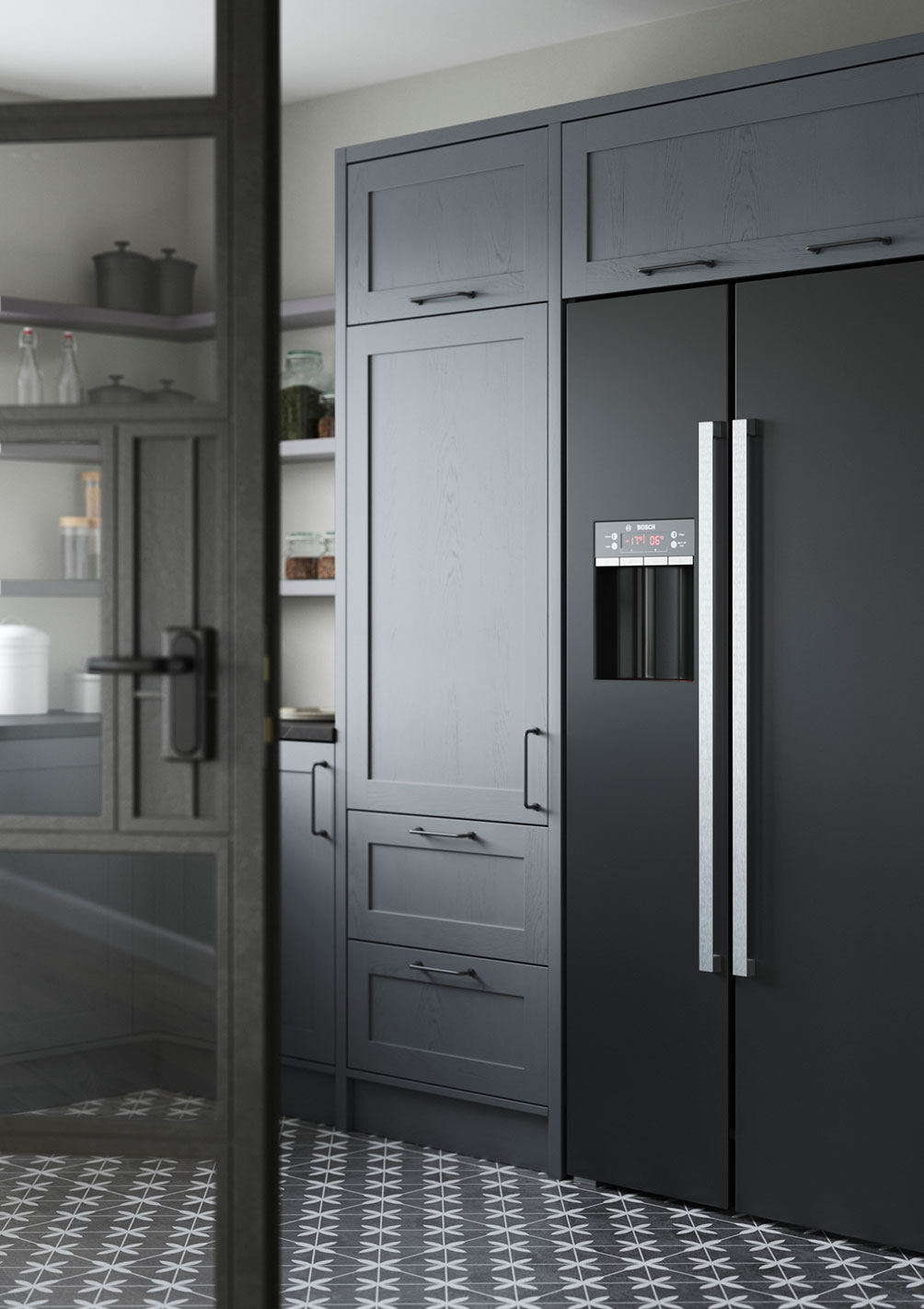 Alana Dust Grey shaker kitchen by The Kitchen Depot with black fridge