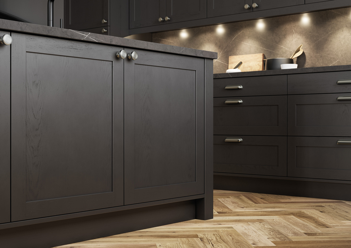 Alana Graphite Grey shaker kitchen design by The Kitchen Depot close up of cabinets and drawers