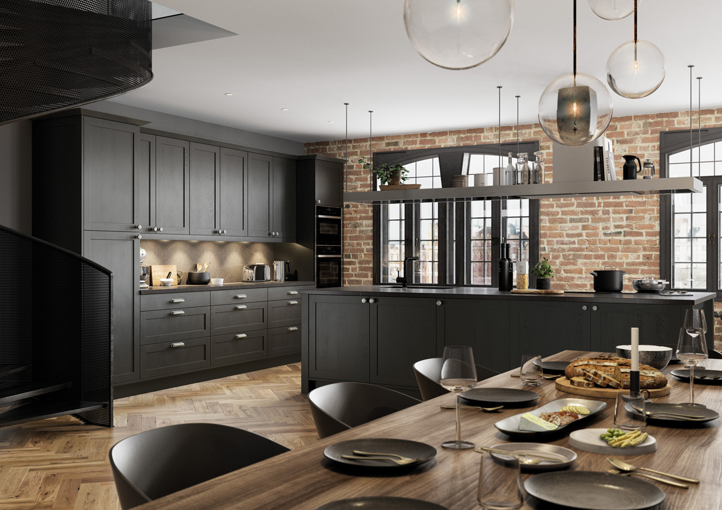 Alana Graphite Grey shaker kitchen design by The Kitchen Depot with fully set dining table