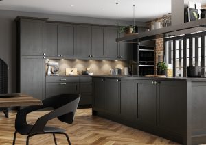 Alana Graphite Grey shaker kitchen design by The Kitchen Depot featuring island and seating