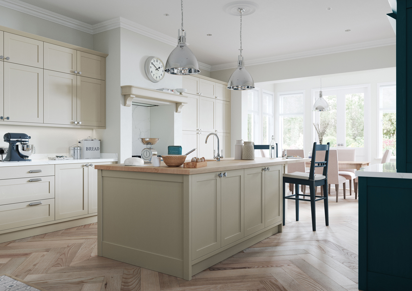 Alana Marine Blue and Stone shaker kitchen design by The Kitchen Depot. View of Stone kitchen island