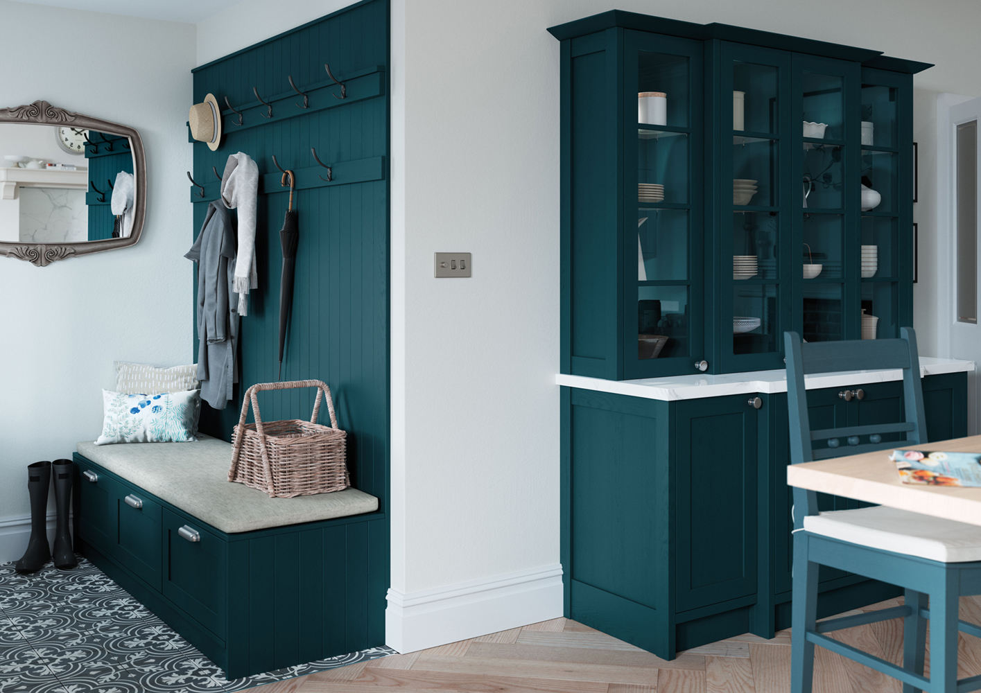 Alana Marine Blue and Stone shaker kitchen design by The Kitchen Depot. Close up of Marine Blue storage units and cabinets