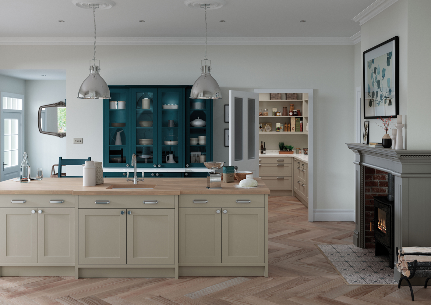 The Alana shaker kitchen door in Marine and Stone. Designed by The Kitchen Depot