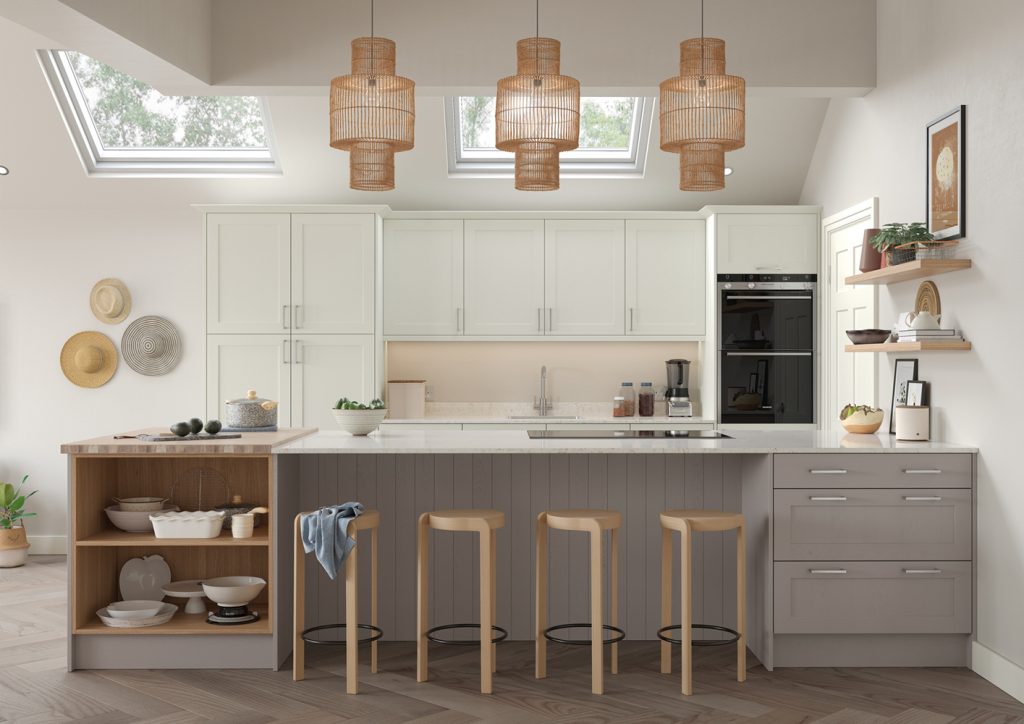 Alana Kitchen door in Porcelain and Cashmere is showcased in this kitchen design, showing the doors in a kitchen design created by The Kitchen Depot