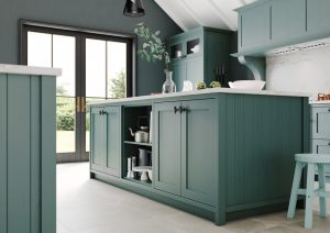 Alana Viridian Green shaker kitchen design by The Kitchen Depot. Angled cameo of kitchen island