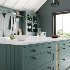 Alana Viridian Green shaker kitchen design by The Kitchen Depot. Cameo of green kitchen island with white worktop