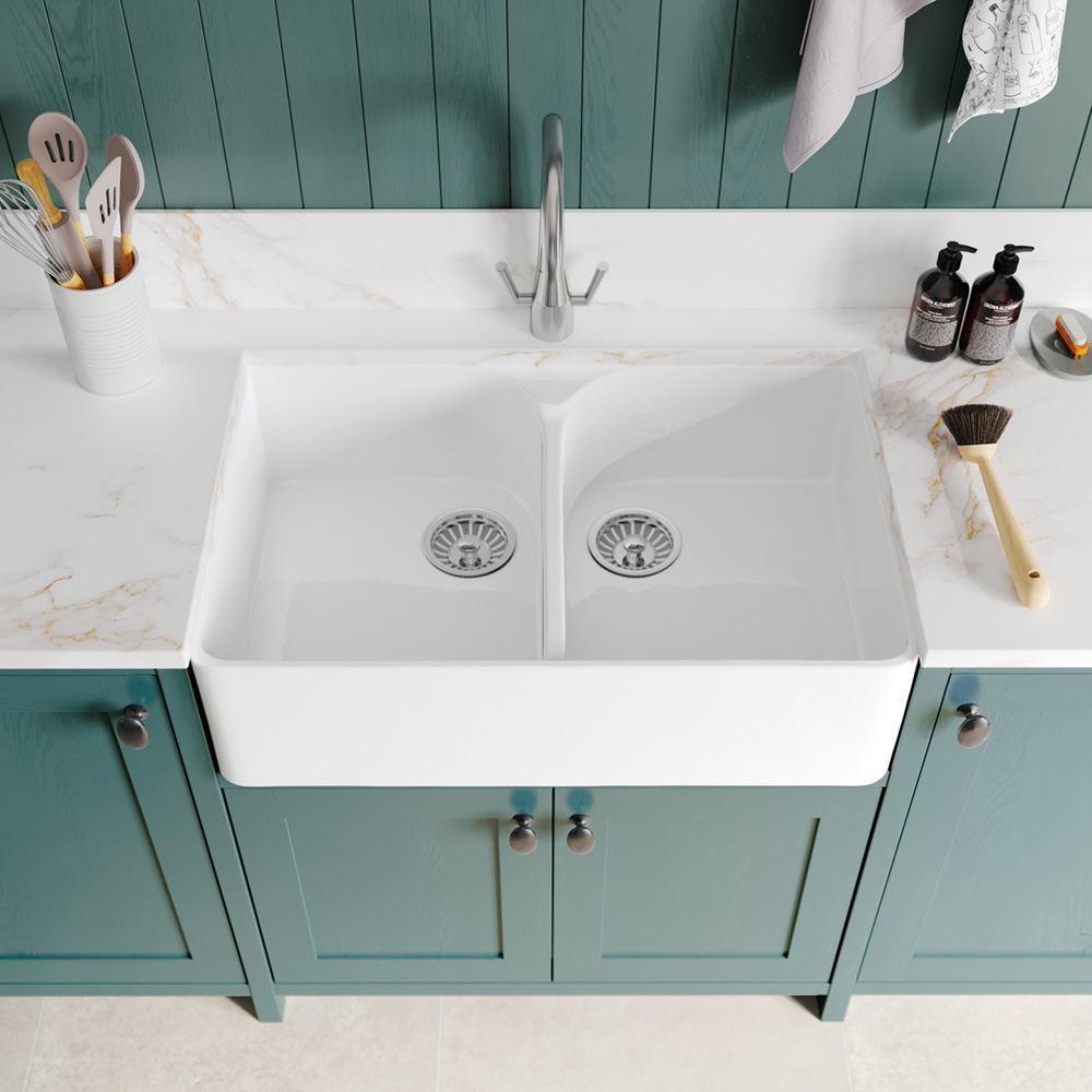 Alana Viridian Green shaker kitchen design by The Kitchen Depot. Belfast sink close up