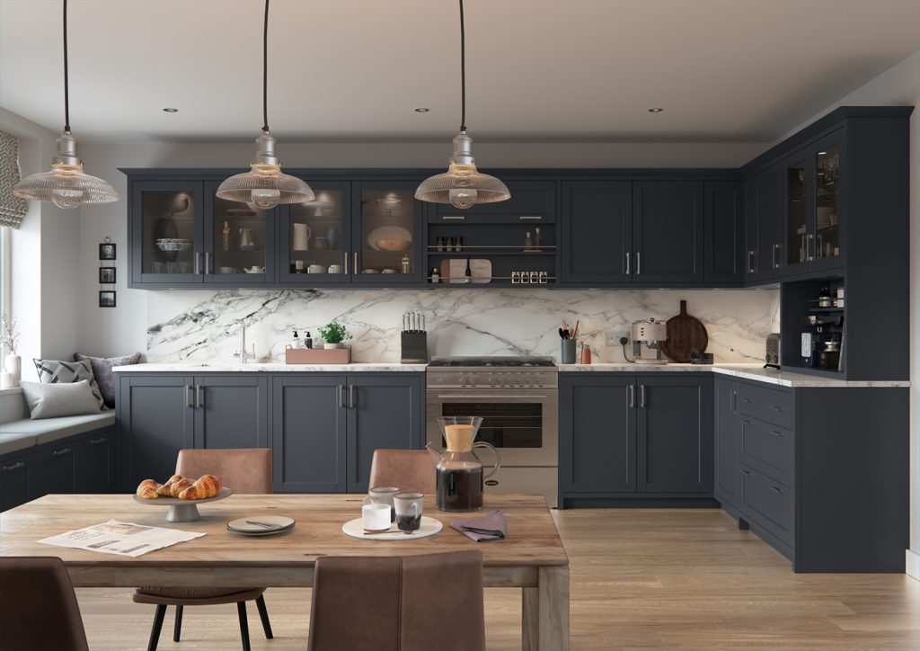 Darwin Kitchen door in indigo blue is showcased in this kitchen design, showing the doors in a kitchen design created by The Kitchen Depot