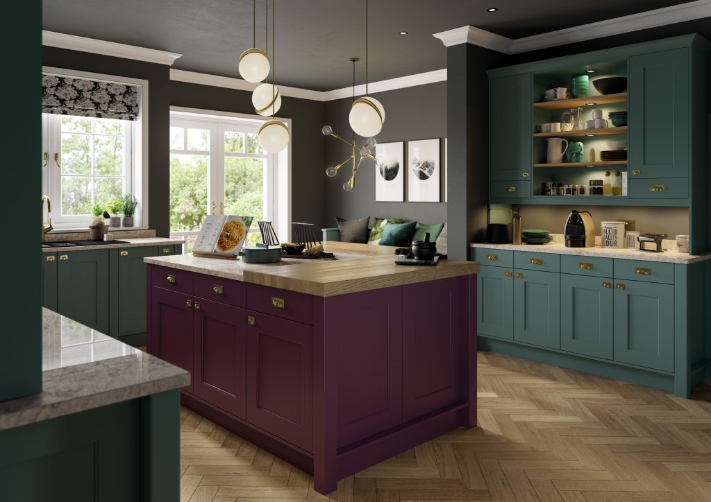 Firoenza shaker kitchen door in a Purple Deep Heather and Viridian Green is showcased in this kitchen design, showing the doors in a kitchen design created by The Kitchen Depot. The kitchen is cosy with dark grey walls.