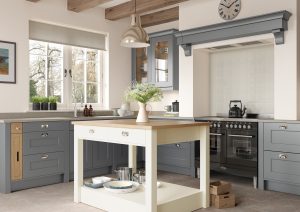 Fiorenza shaker kitchen with dust grey and porcelain doors. The Ktichen Depot has designed this kitchen to have a modern twist on a traditional style door. With a small island in porcelain, this kitchen looks simply beatiufl.