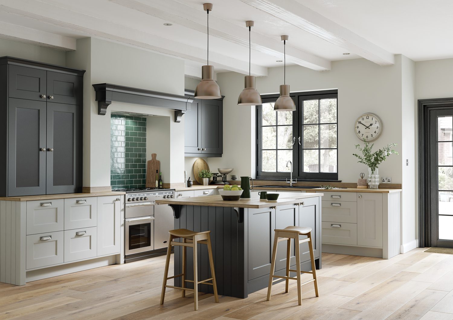 Fiorenza kitchen shaker door is showcased beautifully in wonderful Light Grey and Graphite in this kitchen design. A double oven, kitchen island and hanging lighting was used in this design by The Kitchen Depot.