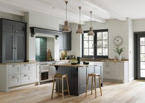 Fiorenza kitchen shaker door is showcased beautifully in wonderful Light Grey and Graphite in this kitchen design. A double oven, kitchen island and hanging lighting was used in this design by The Kitchen Depot.
