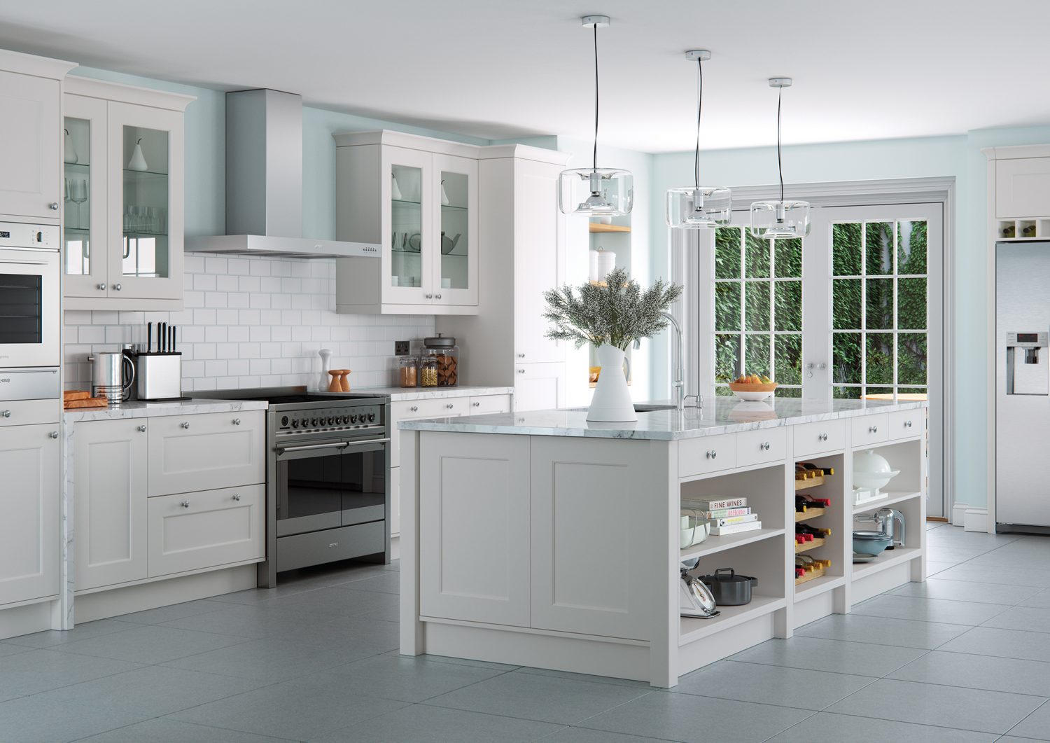 Fiorenza kitchen shaker door is showcased beautifully in Light Grey in this kitchen design. A double oven, kitchen island and hanging lighting was used in this design by The Kitchen Depot.