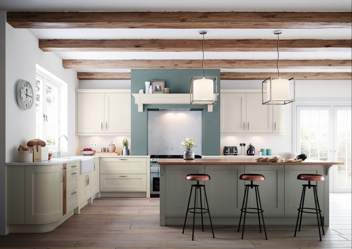 Fiorenza Shaker Kitchen door in Stone & Porceain is showcased in this kitchen design, showing the doors in a kitchen design created by The Kitchen Depot. The kitchen has wooden beams and copper stools, giving a modern country feel