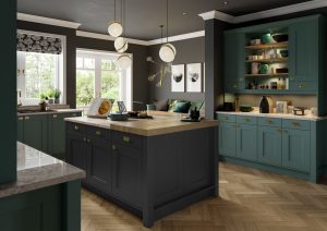 The Fiorenza Shaker Kitchen door in Viridian green and Graphite grey is showcased in this kitchen design, showing the doors in a kitchen design created by The Kitchen Depot. The kitchen Idecorated with a gprahite grey island and viridian wall units.