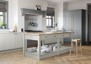 Our Georgina kitchen range with Light Grey & Dust Grey Shaker doors. This design has Light Grey units & Dust Grey tall larders, with wooden worktops, white walls and herringbone floors. The Kitchen Depot has designed this traditional style kitchen.