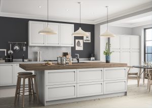 Hartford handleless kitchen door, showcased in a beautiful kitchen design using light grey doors. Designed by The Kitchen Depot.