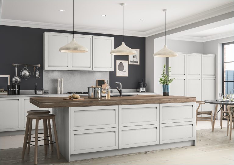 Hartford handleless kitchen door, showcased in a beautiful kitchen design using light grey doors. Designed by The Kitchen Depot.