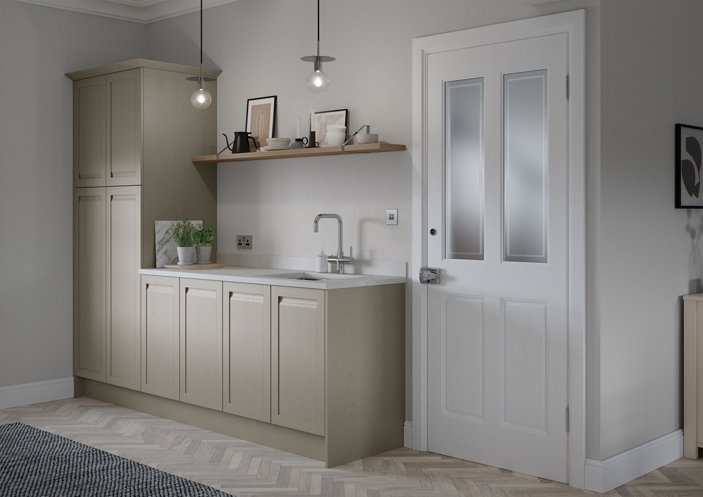 Hartford handleless kitchen door, showcased in a beautiful kitchen design using shell and stone paint to order colour options. Designed by The Kitchen Depot.