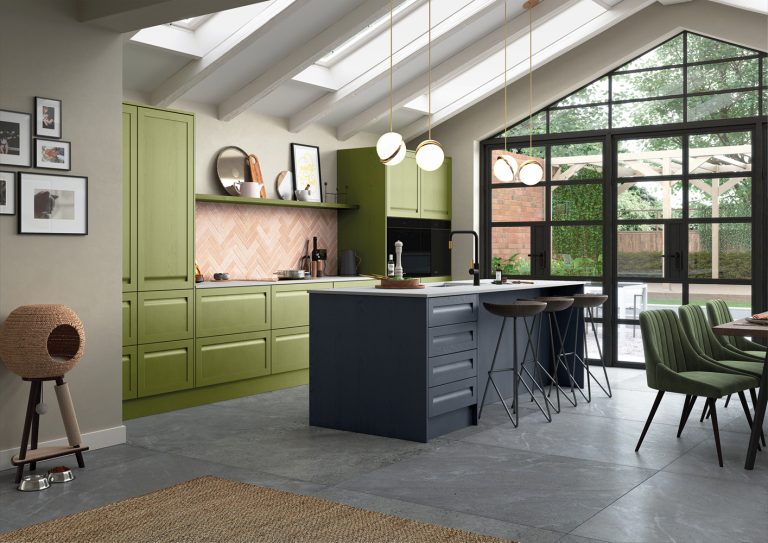 Hartford handleless shaker kitchen door, showcased in a beautiful kitchen design using Slate Blue and Citrus Green paint to order colour options. Designed by The Kitchen Depot.