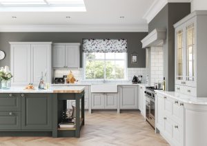 Jackson shaker kitchen door, showcased in a beautiful kitchen design using gunmetal grey and light grey colour options to create a dual tone kitchen design. Designed by The Kitchen Depot.