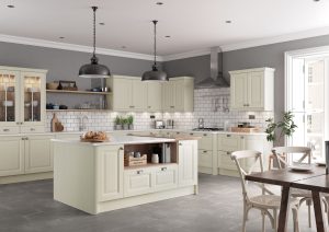 Jackson shaker kitchen door, showcased in a beautiful kitchen design using the Ivory colour options to create a dual tone kitchen design. Designed by The Kitchen Depot.