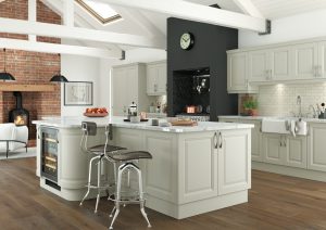 Jackson shaker kitchen door, showcased in a traditional kitchen design using a Mussel colour option to create a beautiful kitchen design. Designed by The Kitchen Depot.