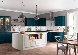 Jackson shaker kitchen door, showcased in a traditional kitchen design using Shell and Marine colour options to create a beautiful kitchen design with multiple decors. Designed by The Kitchen Depot.