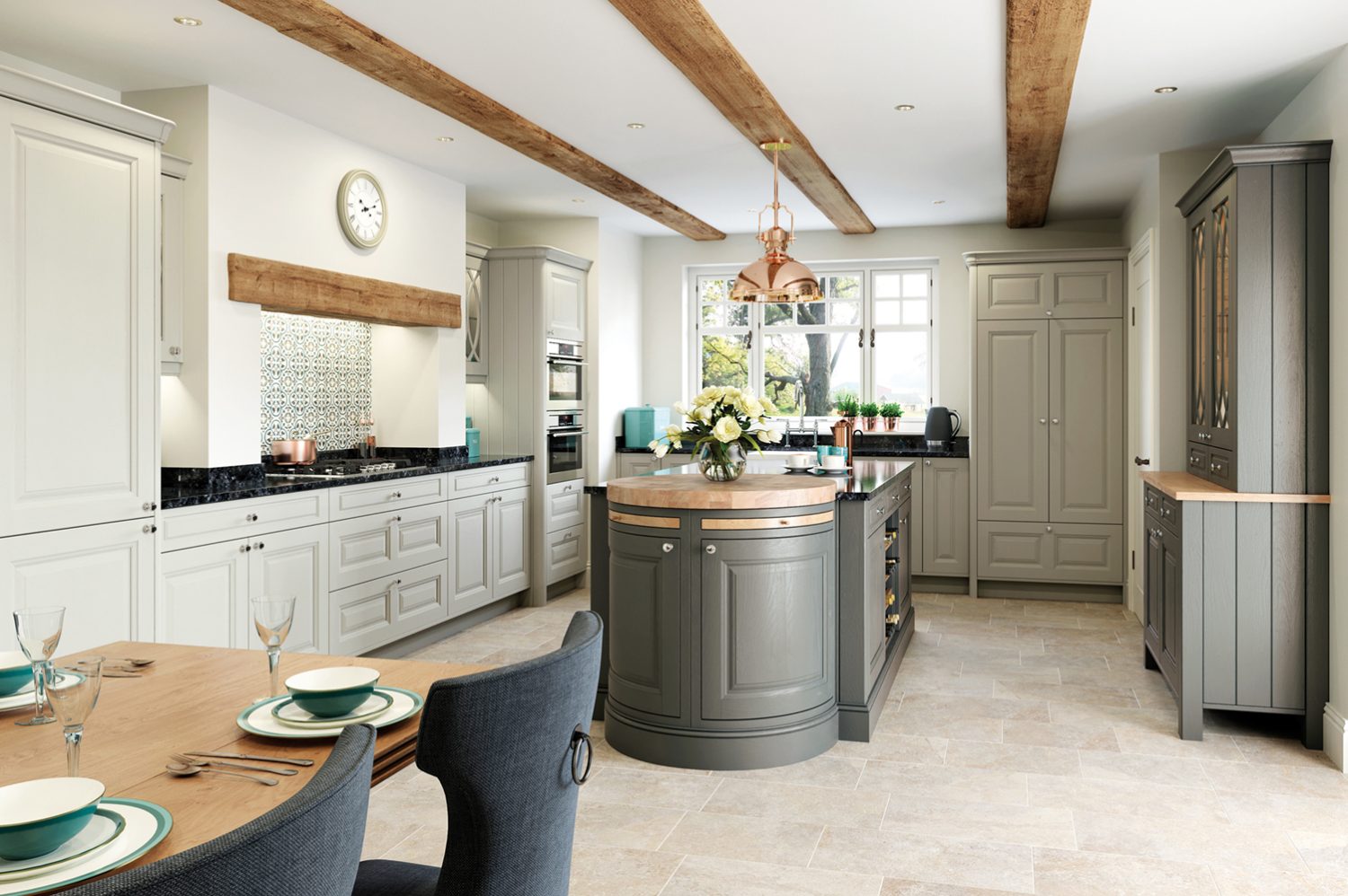 Jackson shaker kitchen door, showcased in a beautiful kitchen design using Gunmetal Grey and Stone colour options to create a dual tone kitchen design. Designed by The Kitchen Depot.