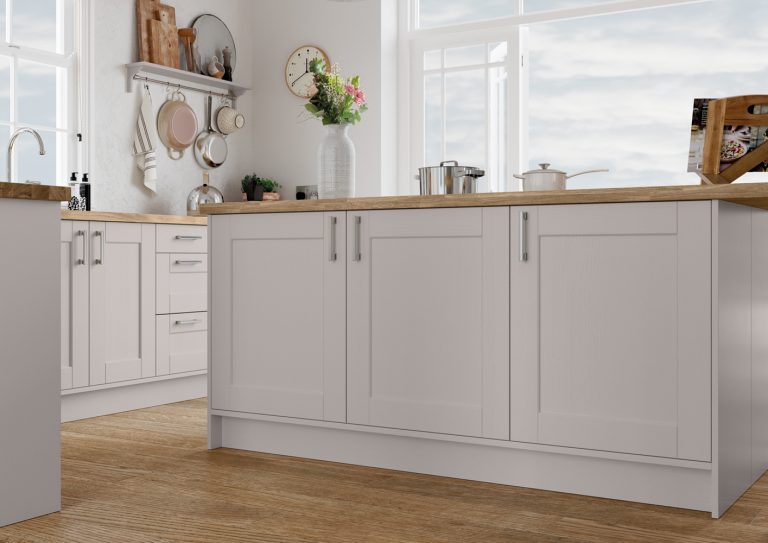 Low angle of Kendal shaker kitchen cabinets on island, made by The Kitchen Depot