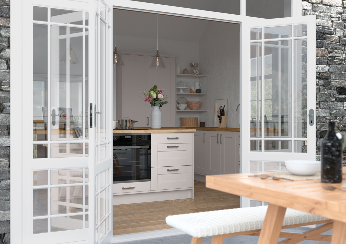 Angle of Kendal Cashmere shaker kitchen from outside, made by The Kitchen Depot