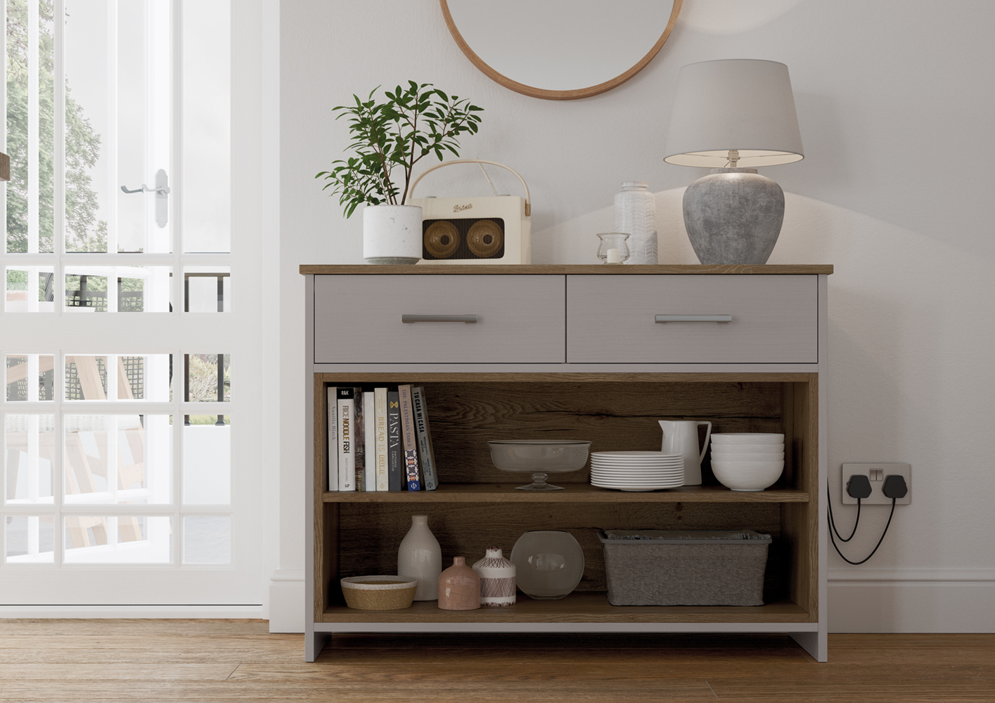 Kendal Cashmere open unit with drawers and lamp, made by The Kitchen Depot