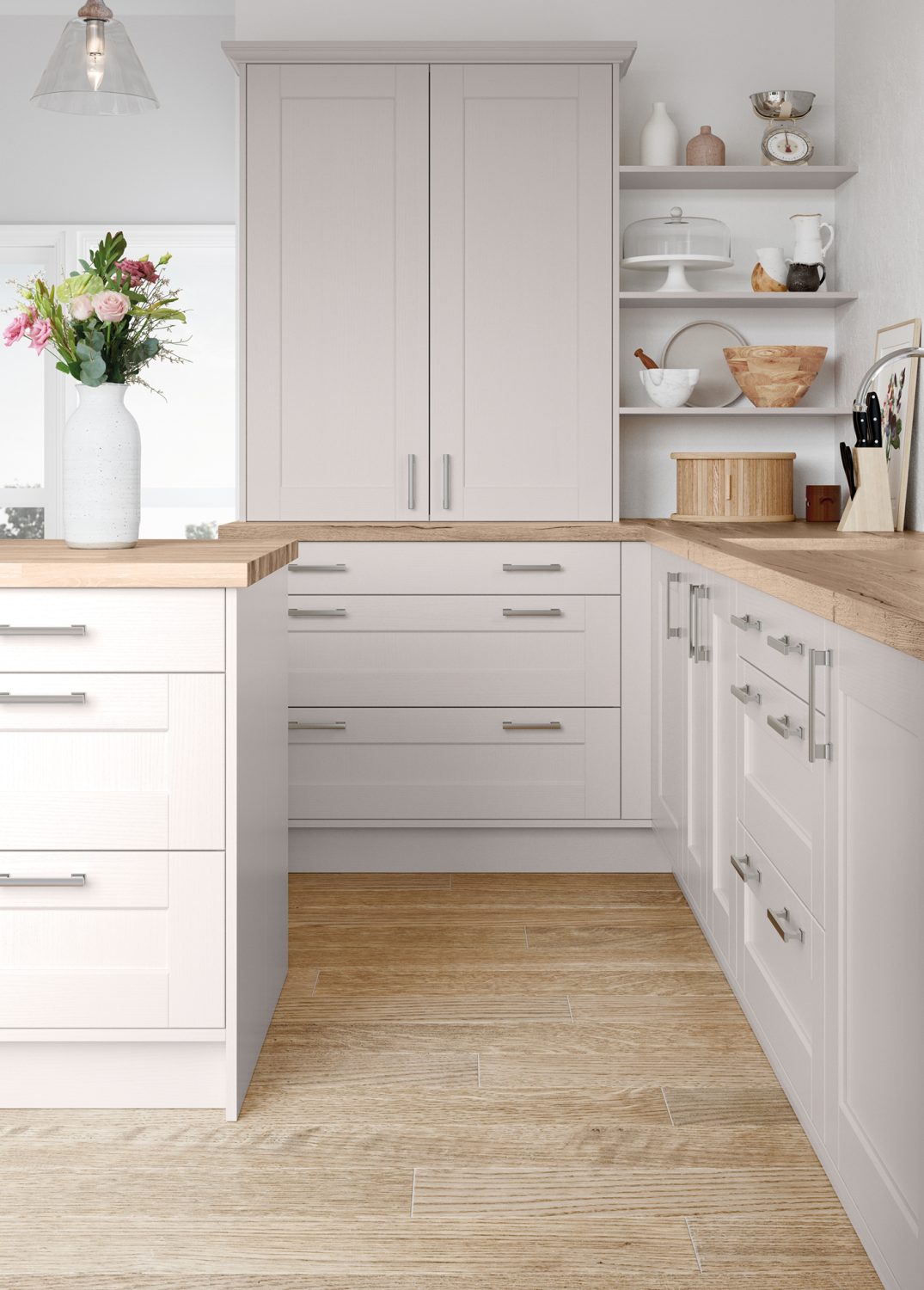 Close up of Kendal shaker style kitchen cabinets and drawers, made by The Kitchen Depot.