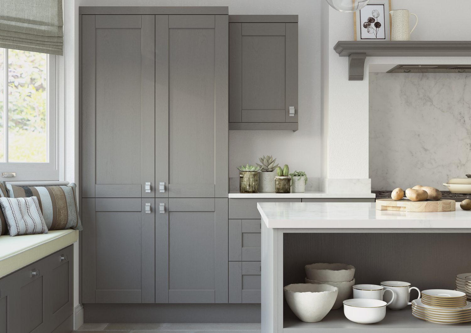 Kendal tall shaker kitchen cabinet door in Dust Grey, made by The Kitchen Depot