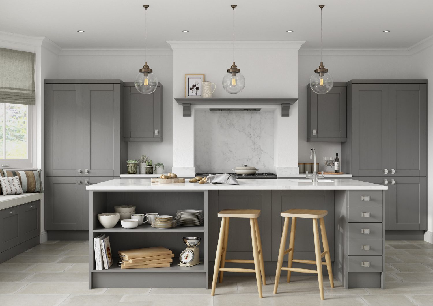 The Kendal Dust Grey shaker kitchen, with prominent V-Groove doors, made by The Kitchen Depot