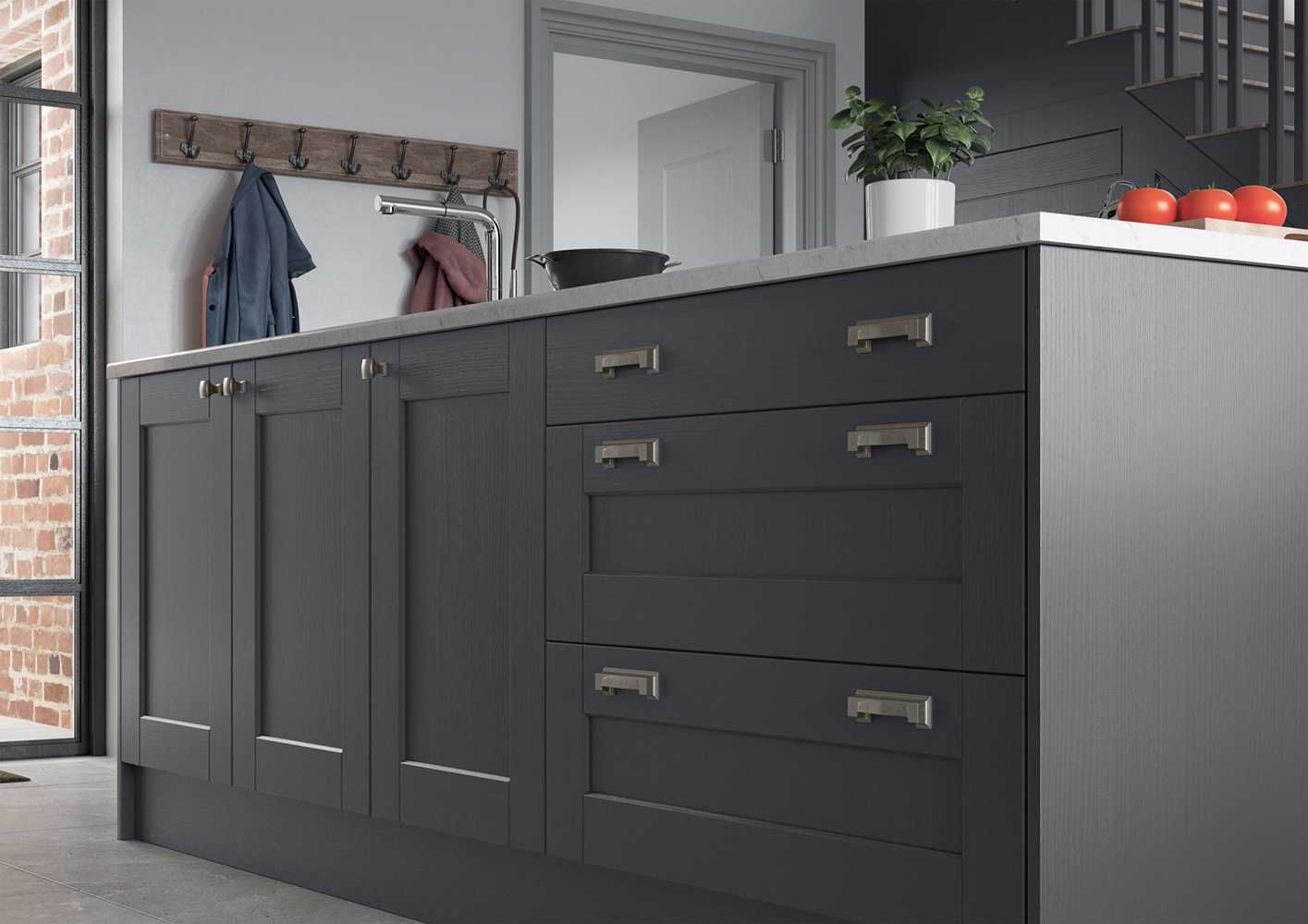 Low angle of Kendal Indigo shaker island cabinets and drawers, made by The Kitchen Depot