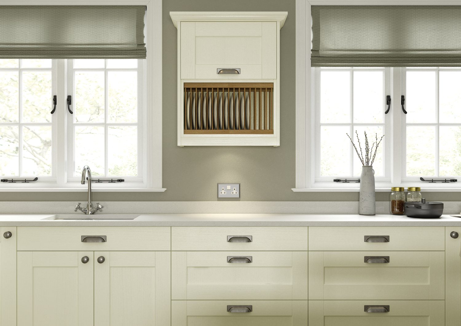 Run of Kendal Ivory shaker kitchen cabinets and drawers, made by The Kitchen Depot
