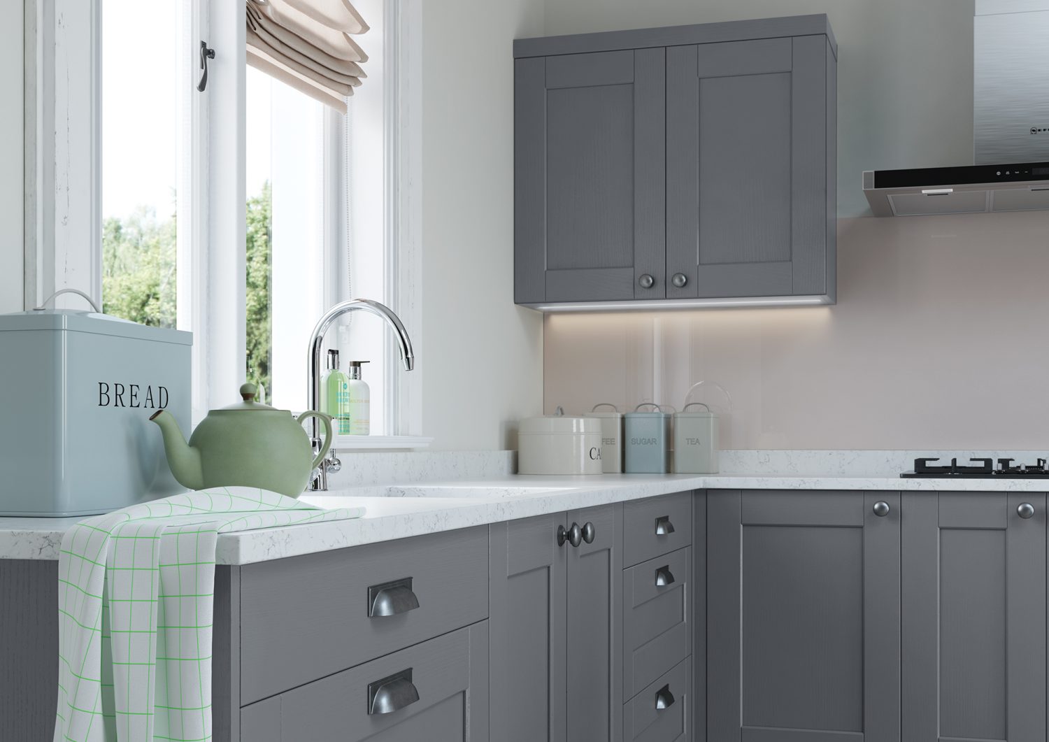 Kendal shaker kitchen cabinets in Dust Grey, made by The Kitchen Depot