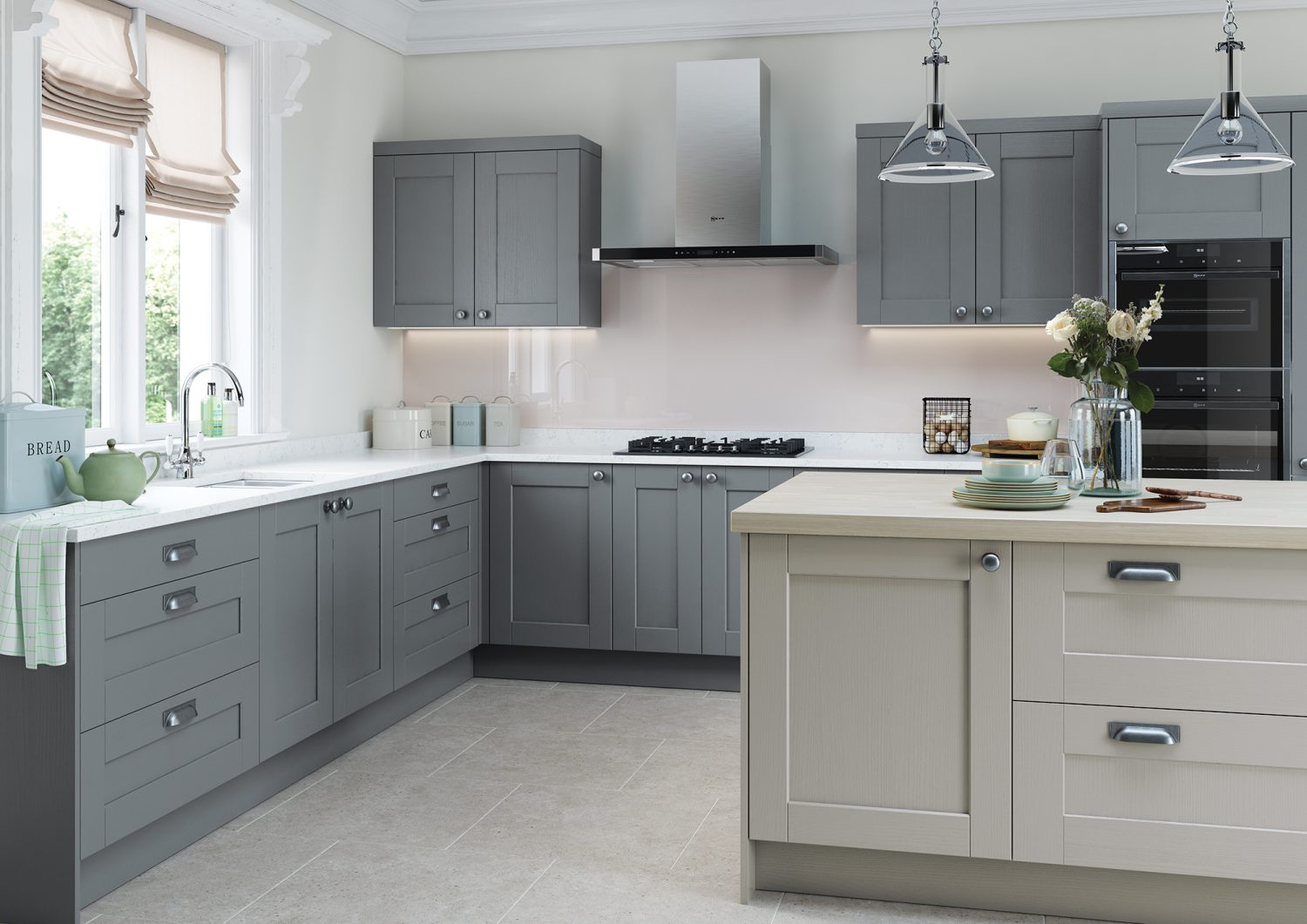 The Kendal shaker style kitchen in Light Grey and Dust Grey, made by The Kitchen Depot