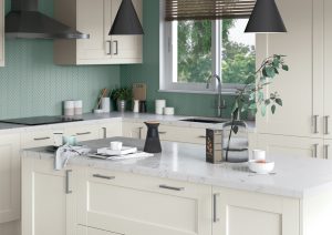 Overview of Kendal shaker kitchen island in Porcelain, made by The Kitchen Depot