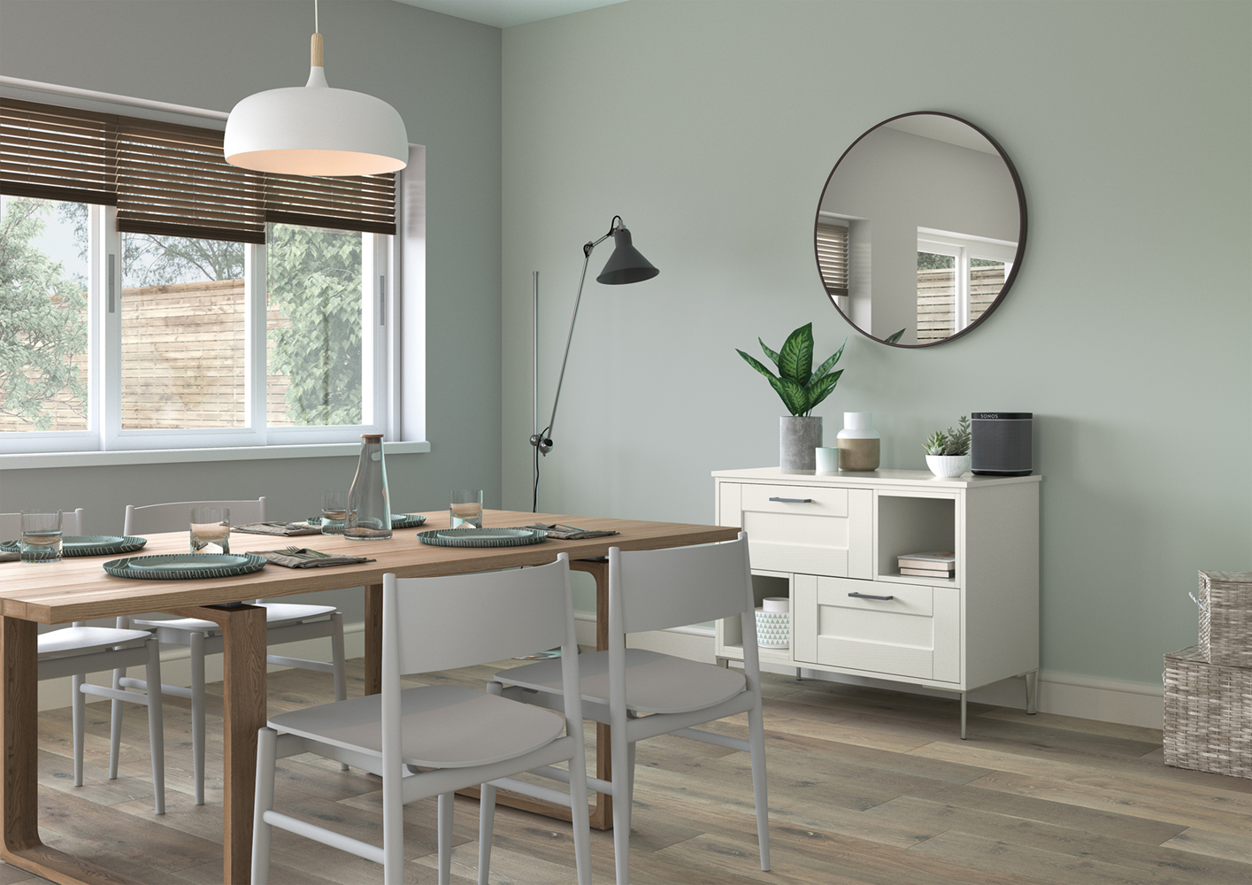 Kendal Porcelain shaker living unit and wooden kitchen table, made by The Kitchen Depot